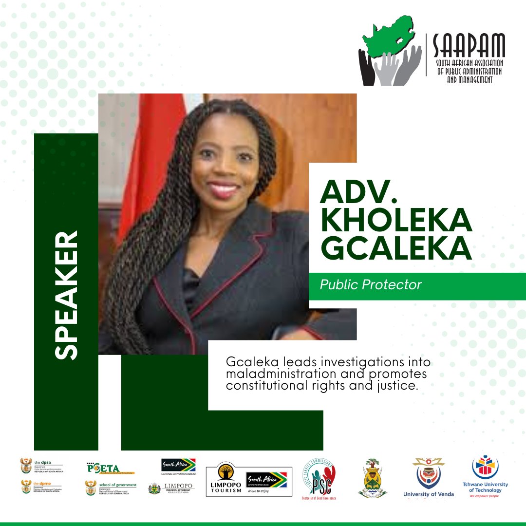 SAAPAMOFFICIAL's tweet image. Public Protector Public Protector Adv. Kholeka Gcaleka joins #SAAPAM2025 to discuss justice, constitutional rights, and institutional accountability. Her address will challenge us to uphold integrity in public administration. #JusticeInGovernance #PublicProtector #SAAPAM2025