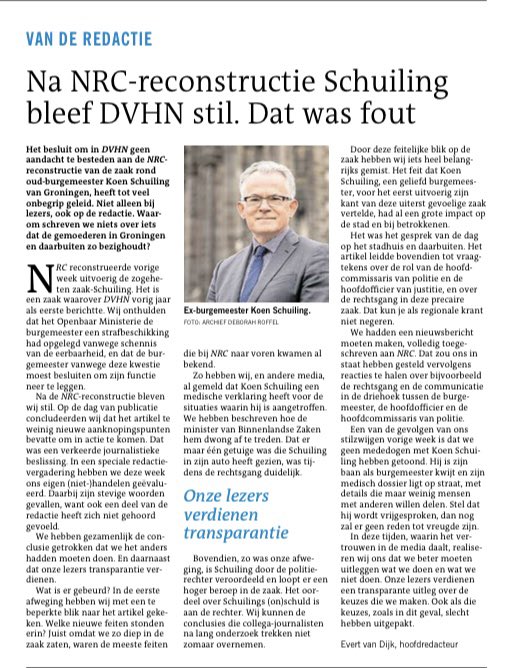 En nu <a href="/dvhn_nl/">Dagblad van het Noorden</a> ? Wanneer wordt het stuk geplaatst in het DvhN? 
Dit roept alleen maar meer op tot het willen lezen van de reconstructie.  Er staan immers veel vaker artikelen van <a href="/nrc/">NRC</a> integraal in het DvhN. #koenschuiling