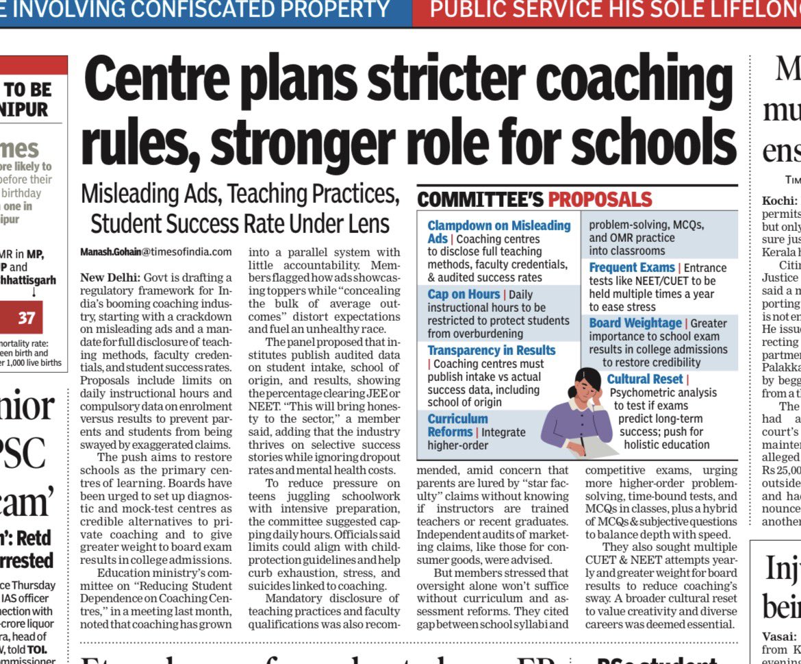 Regulate the racket, restore the classroom: Committee warns ‘coaching mafia’ will remain dominant until schools reclaim learning through stronger curricula, mock-test centres &amp; weightage to board exams, etc. #EducationReform 
A <a href="/timesofindia/">The Times Of India</a> report 👇
timesofindia.indiatimes.com/education/news…