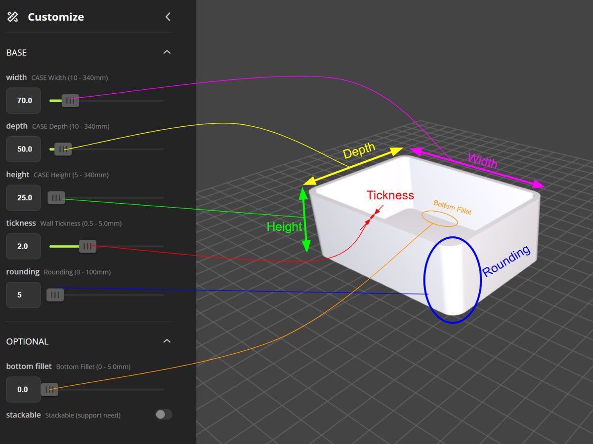 Kaz_Macintosh's tweet image. ダイソーや無印にあるようなシンプルなケースの3Dモデルを公開しました！ブラウザ上でサイズを自由に変更して、その場でSTLファイルを生成できます。#OpenSCAD #3Dプリンター  
makerworld.com/en/models/1811…