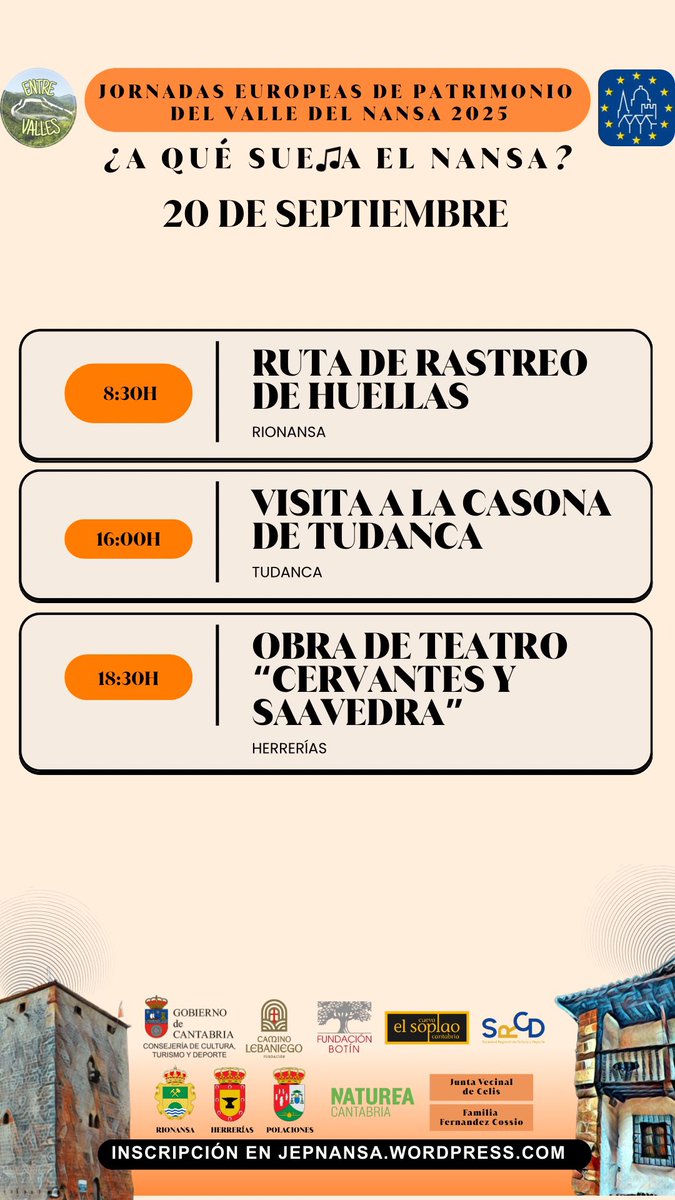 ☀️ ¡Buenos días! Arranca el Día 2 de las #JEPNansa 🎉

🐾 8:30h Ruta de rastreo (Ecosfera) 🏡 16h Visita a la Casona de Tudanca 🎭 18:30h Teatro Esto NO es un libro: Cervantes y Saavedra (Ferroteca de Cades)

ℹ️ Ruta y Casona: inscripción previa. #CaminoLebaniego <a href="/CLebaniego/">Camino Lebaniego</a>