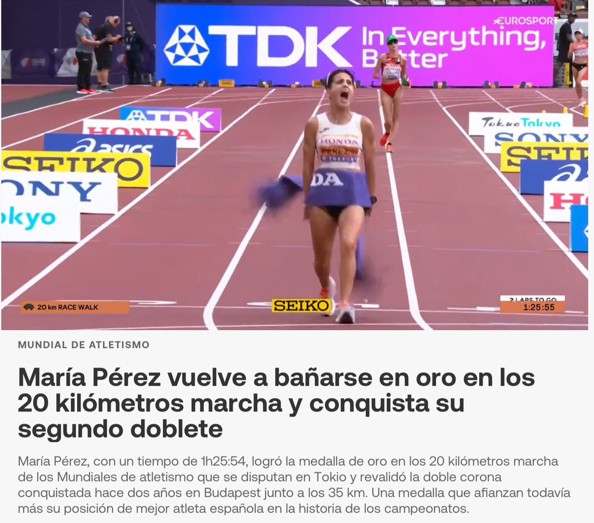 …

#Tokio2025 

María Pérez ha ganado otro ORO. En 20 kilómetros marcha. Los ha hecho en algo más de 1 hora 25 minutos.

Al ritmo de mi caminata mañanera…todavía estaría perdido, andando por Tokio…