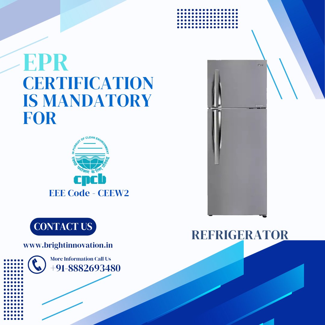 Bright30361's tweet photo. EPR Certificates are Mandatory for REFRIGERATOR. Contact us for the Certification 

Phone no. - +91-8882693480
Email id - kundan@brightinnovation.in 
or visit our website https://t.co/O6NhQ1CX47

#bis #epr #eprcertificate #eprregistration #eprcertification #isi #wpc #crs #biscrs https://t.co/FLkaXOBnJi