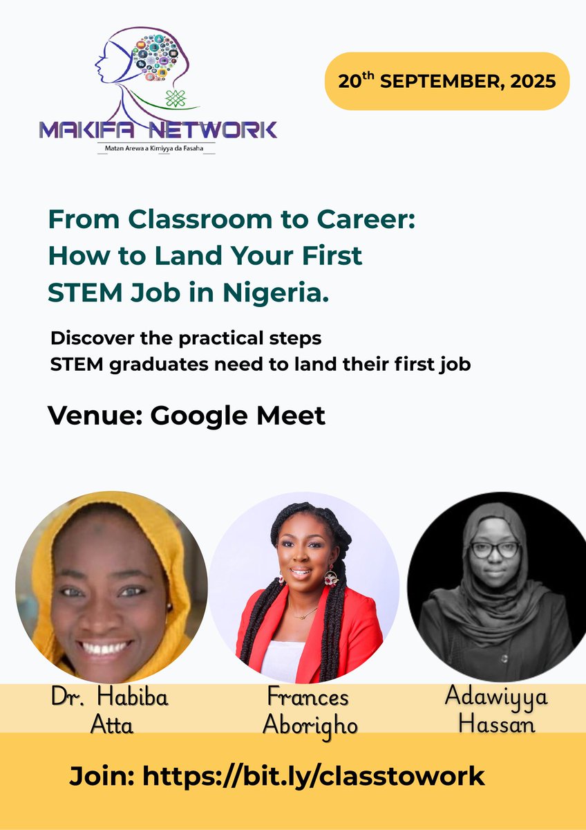 Join our free webinar "From Classroom to Career" and learn how to land your first STEM role in Nigeria.
📅: Today
⏰: 3pm
💻: Google Meet: meet.google.com/dfz-jnrh-fgc

Join our WhatsApp community with the link on the flyer.
#STEMCareers #TechJobsNigeria #FromClassroomToCareer #women