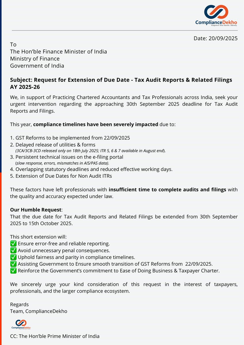 compliancedekho's tweet image. #TaxAudit Extension Alert | Request Letter for #Extension | from 30/09/2025➡️15/10/2025

#extendduedateimmediately #extension_हक़_है_भीख_नहीं 
#Extend_TAR_Due_Date
#ExtendDueDate #taxauditduedateextension #tax #TaxAudit #Extension