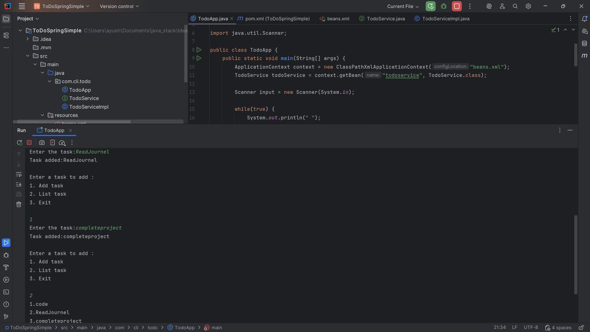 AyushKumar_811's tweet image. Day 4 : I learnt basics about Dependency Injection , AOP , Transaction Management ,Spring MVC , Spring security , Spring container , Spring Architecture , Lots of Spring Annotations!!
Also created a CLI project using Spring : Using DI and beans.
#300daysofcode #buildinpublic