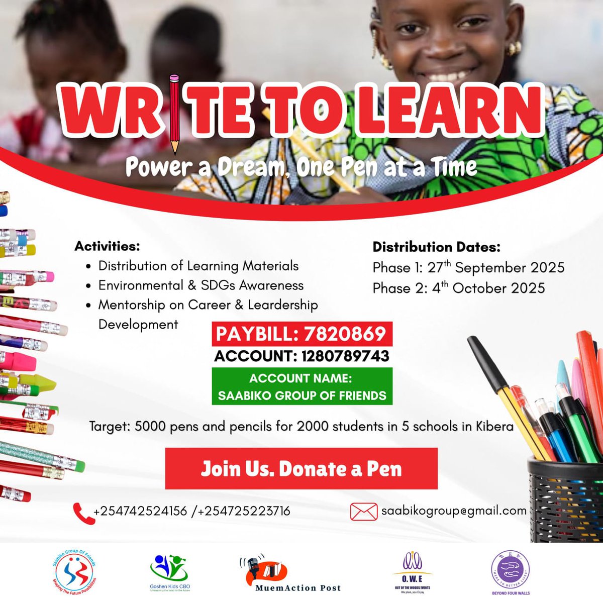 Happening soon! Support the #WritetoLearn stationery drive to help children in Kibera learn with dignity. The campaign also promotes environmental and SDGs awareness to raise changemakers. Kindly donate pens, pencils, or funds through Paybill for logistics. Thank you.