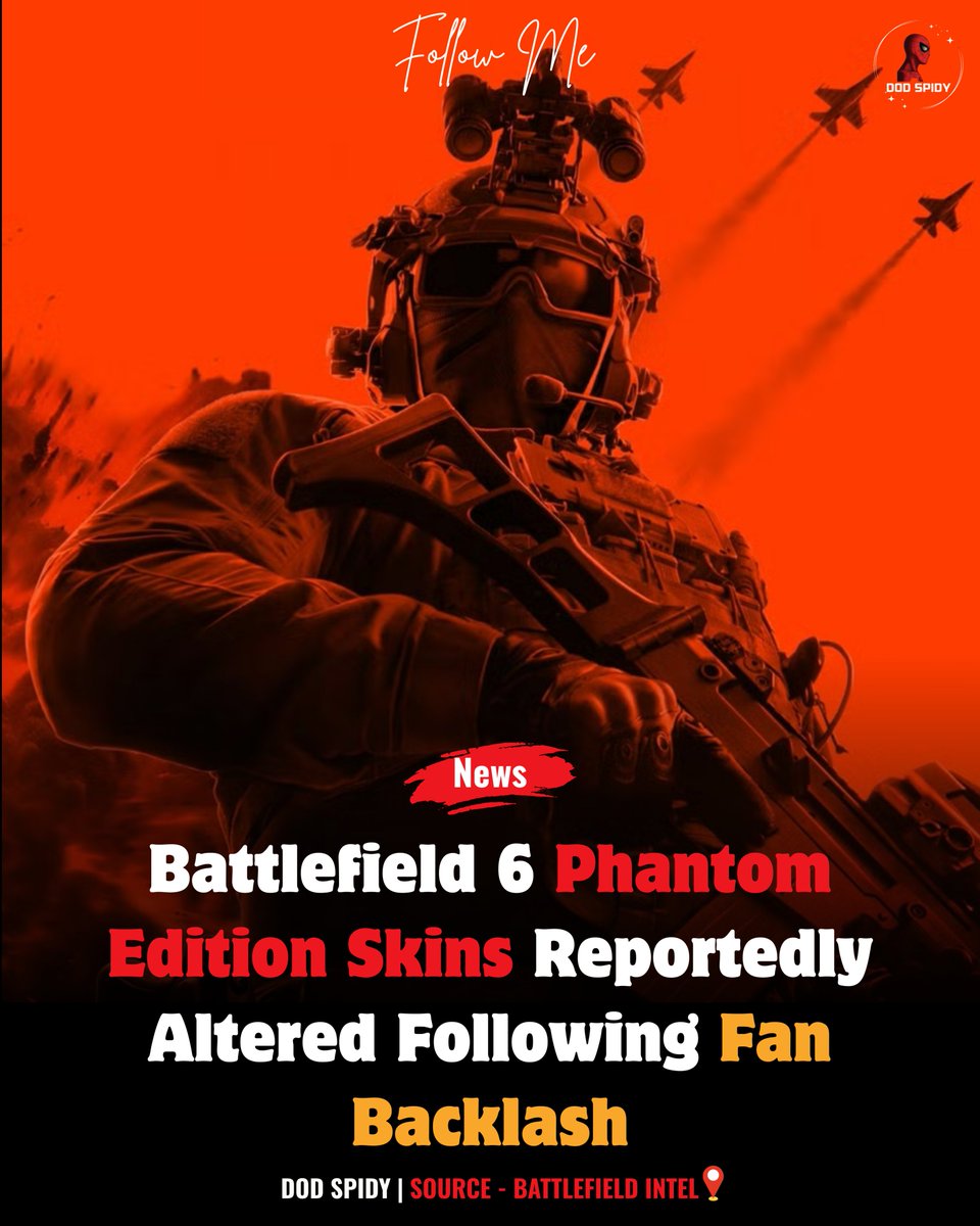 DodSpidy's tweet image. EA has reportedly updated the #PhantomEdition skins in #Battlefield6 after fan backlash. The original bold red accents and bulky night-vision gear were toned down for a subtler, more practical design. Fans are debating the impact on creative direction. #SkinChanges #FanBacklash