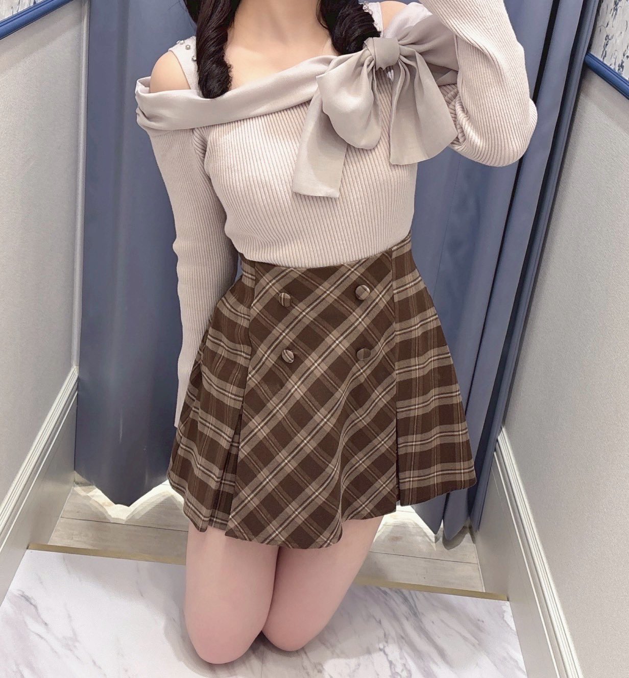 evelyn リボンツイードオフショルセット イエロー