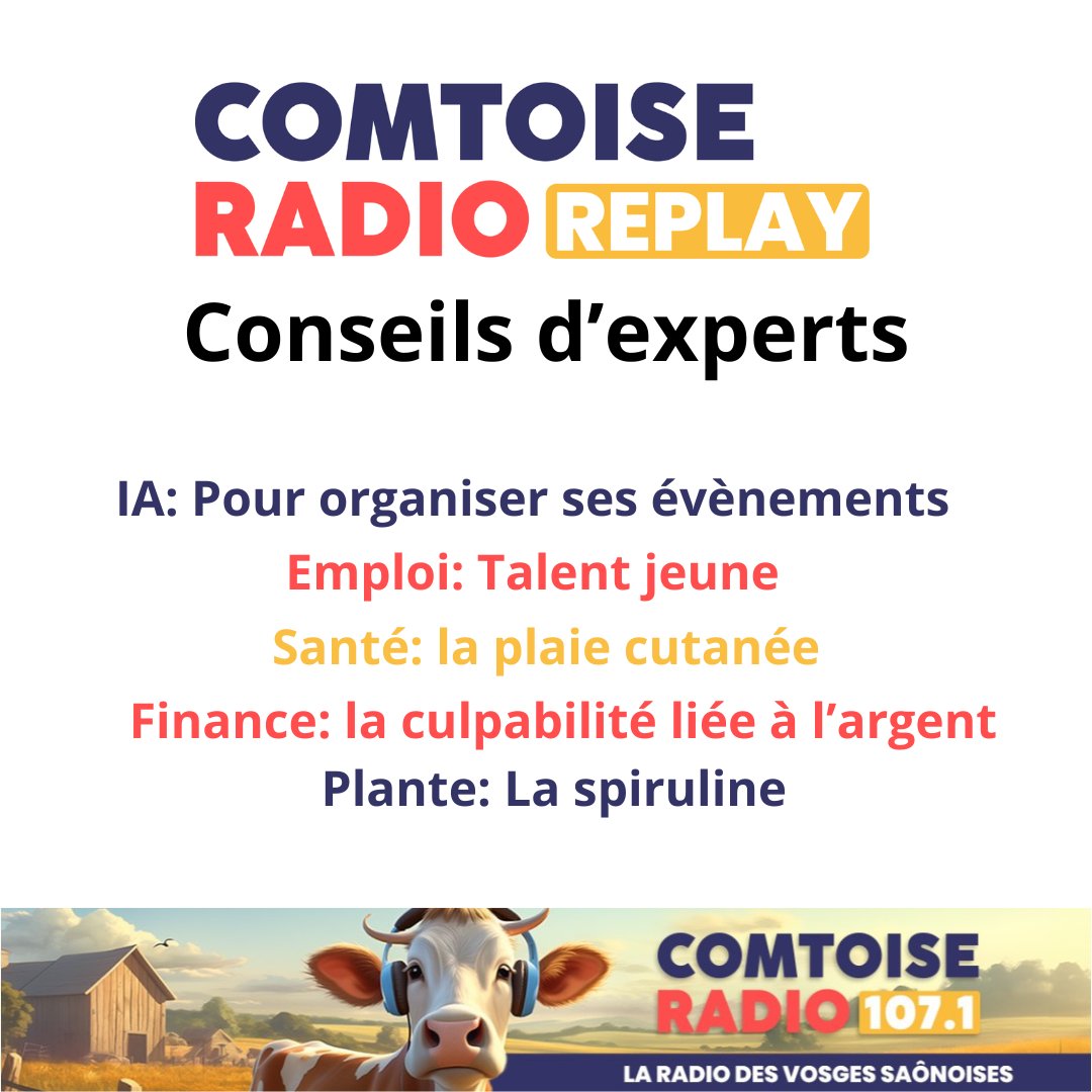 Replay: Conseils d'experts 
👉 comtoiseradio.fr
Avec  Johan spécialiste et formateur IA en Franche Comté, Cindy de la Mission Locale de Lure, Luxeuil,  Champagney, Dominique de la CPTS Luxeuil, Athena Patrimoine bfc et Mathieu de Voignier Paysagiste