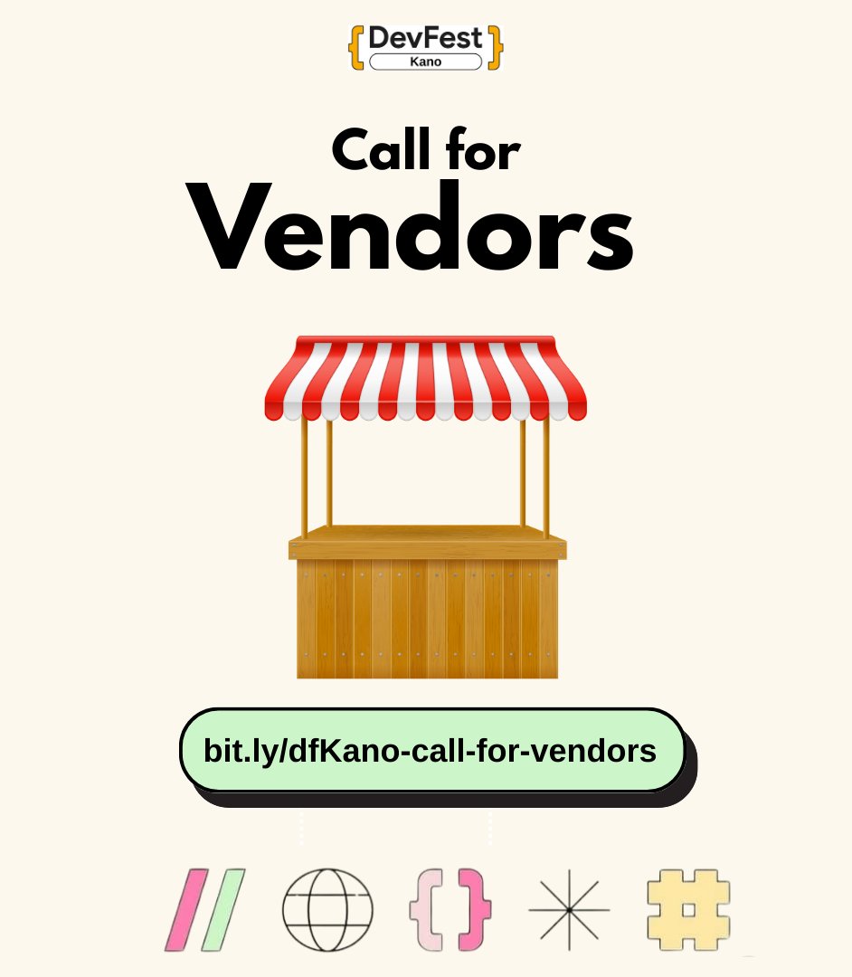 gdgkano's tweet image. 📢 Vendor Call for DevFest Kano 2025!
Are you a food vendor, an electronics and gadget seller, or a tech innovator? We want you at DevFest Kano 2025!

Fill out the vendor application form here: bit.ly/dfKano-call-fo…

#DevFestKano2025 #DevfestKano #DevFest2025 #SSA @gdgkano