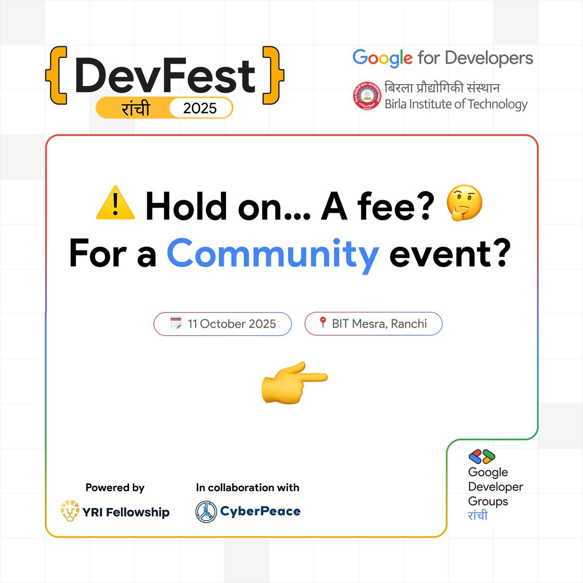 gdgrnc's tweet photo. Is a Google #DevFestRanchi 2025 ticket worth it? π€
Letβs see π
π‘ Expert tech talks
π οΈ Hands-on codelabs
π€ Career & startup booths
π Swag + community vibes
and many more...
@GDGIndia @GoogleIndia @GoogleDevsIN @googledevs @googledevgroups
#DevFest2025 #GDGRanchi #Ranchi https://t.co/OqQSKVcL1o