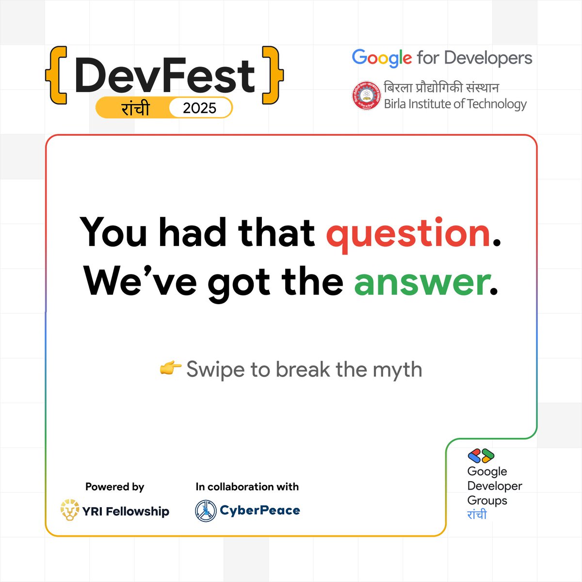 gdgrnc's tweet photo. Is a Google #DevFestRanchi 2025 ticket worth it? π€
Letβs see π
π‘ Expert tech talks
π οΈ Hands-on codelabs
π€ Career & startup booths
π Swag + community vibes
and many more...
@GDGIndia @GoogleIndia @GoogleDevsIN @googledevs @googledevgroups
#DevFest2025 #GDGRanchi #Ranchi https://t.co/OqQSKVcL1o