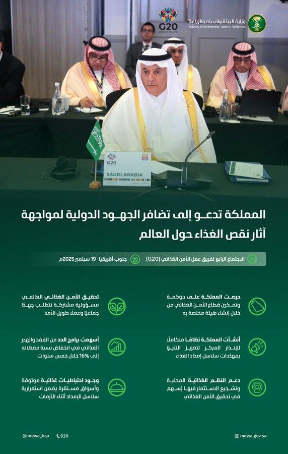 المملكة تدعو إلى تضافر الجهود الدولية لمواجهة آثار نقص الغذاء حول العالم، والعمل على ضمان تحقيق الأمن الغذائي، خلال الاجتماع الرابع لفريق عمل الأمن الغذائي (G20) بجنوب أفريقيا.