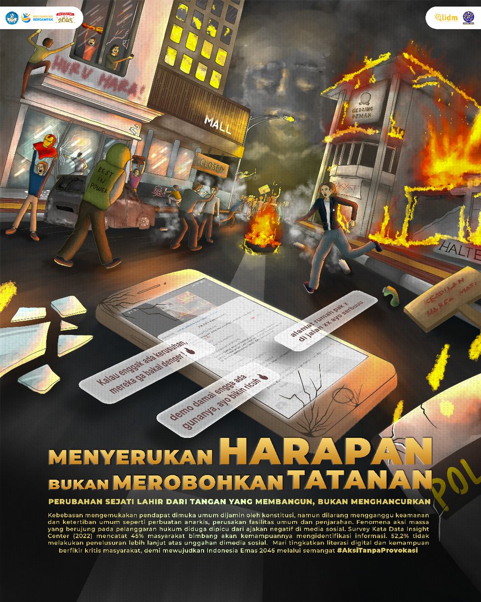 lagasteam's tweet photo. Demokrasi menjamin hak berpendapat (UUD 1945 Pasal 28E), tapi tetap dibatasi demi moral & ketertiban (Pasal 28J).
Mari menjunjung #AksiTanpaProvokasi,
Menyerukan Harapan, Bukan Merobohkan Tatanan.
#LIDM #posterdigital #Kemendikbud #UniversitasUdayana https://t.co/poR0VDTGDw