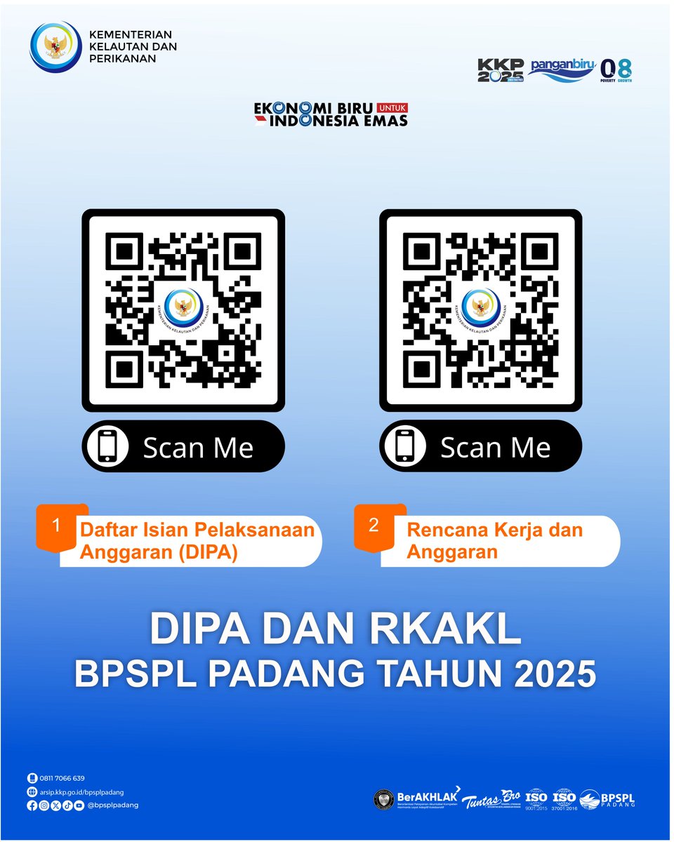 #SahabatBahari, BPSPL Padang selalu menjamin transparansi dan akuntabilitas, termasuk keterbukaan informasi terkait anggaran. untuk itu, #SahabatBahari dapat mengakses informasi DIPA  dan RKAKL BPSPL Padang Tahun 2025 dengan scan QR Code yang ada di postingan ini!
.
TUNTAS BRO!