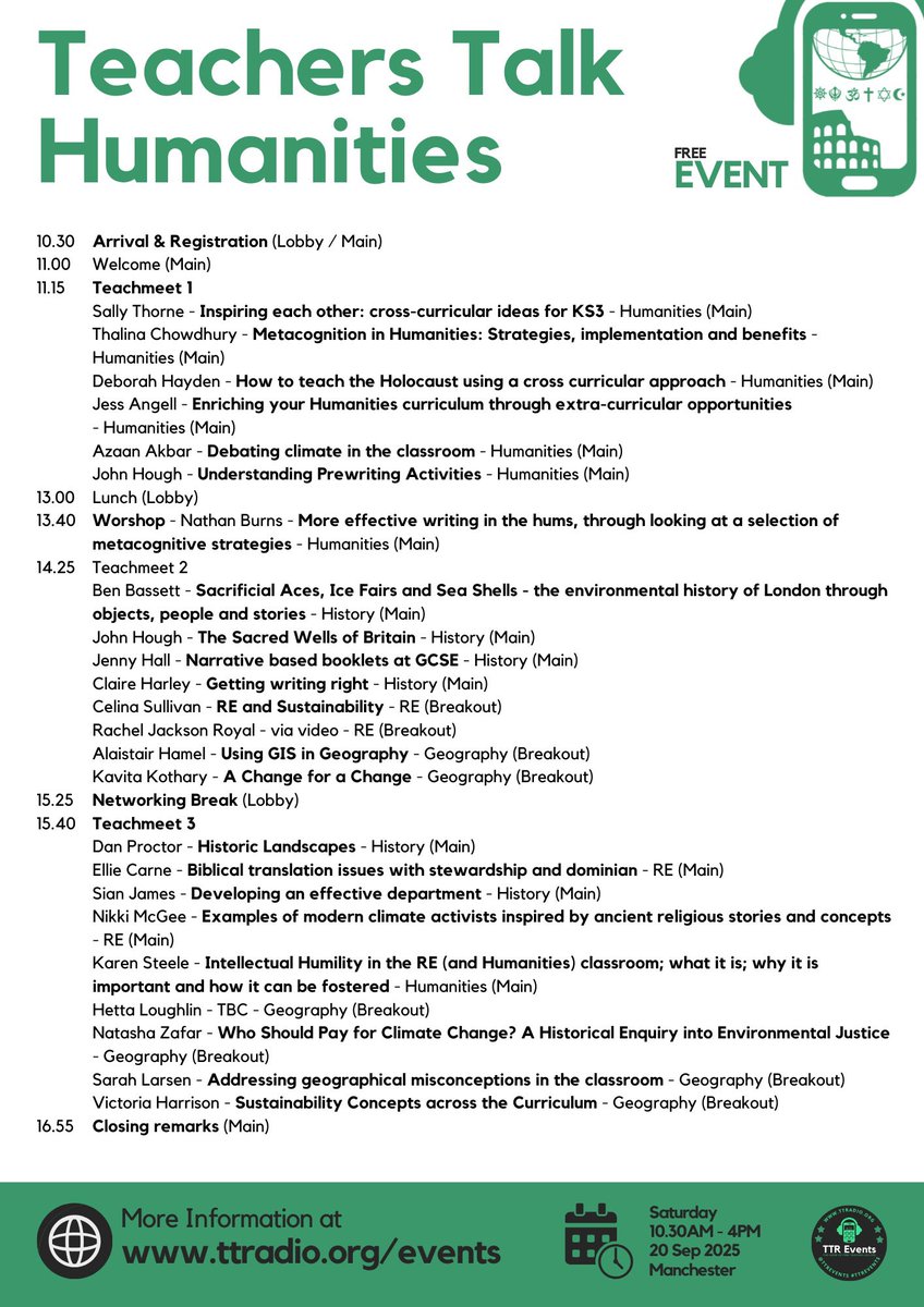 POP UP LIVESTREAM! Watch Teachers Talk Humanities LIVE from Manchester on this link for FREE starting at 11am today. 20+ history, RS and Geography speakers to enjoy. The recording will be available on the same link (also free) as soon as the event ends. Register here! #ttrhums