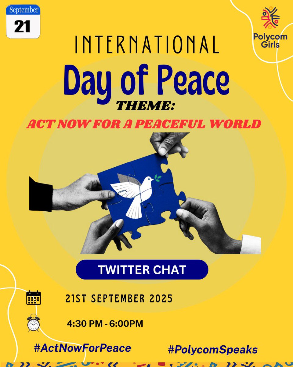 Hadija Suleiman Mahmoud (@_hsuleiman_) on Twitter photo Join us tomorrow from 4:30PMโ6PM for a powerful Chat in honor of the International Day of Peace!
Hosted by Polycom Girls, weโll reflect, share, and act for a more peaceful world.
You donโt wanna miss it!
<a href="/polycomdev/">Polycom Girls ๐๐๐</a>
#ActNowForPeace #PolycomSpeaks Join us tomorrow from 4:30PMโ6PM for a powerful Chat in honor of the International Day of Peace!
Hosted by Polycom Girls, weโll reflect, share, and act for a more peaceful world.
You donโt wanna miss it!
<a href="/polycomdev/">Polycom Girls ๐๐๐</a>
#ActNowForPeace #PolycomSpeaks