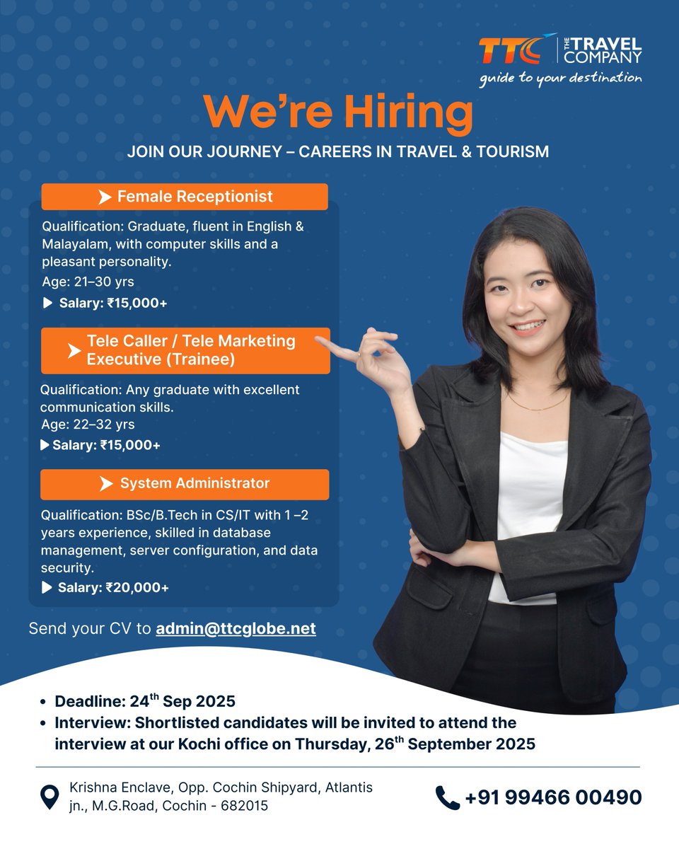 TTCKochi's tweet photo. We’re Hiring!
Join TTC – The Travel Company, Kochi 🌍✈️
📧 Send CV: admin@ttcglobe.net

📱+91 97478 37900
🌐https://t.co/XZH02LOZGr

#TTCTheTravelCompany #visaservices #internationaltourpackages #WeAreHiring #JoinOurTeam #TravelCareers #KeralaJobs #NowHiring #CareerOpportunities https://t.co/GA3JcQSCzI