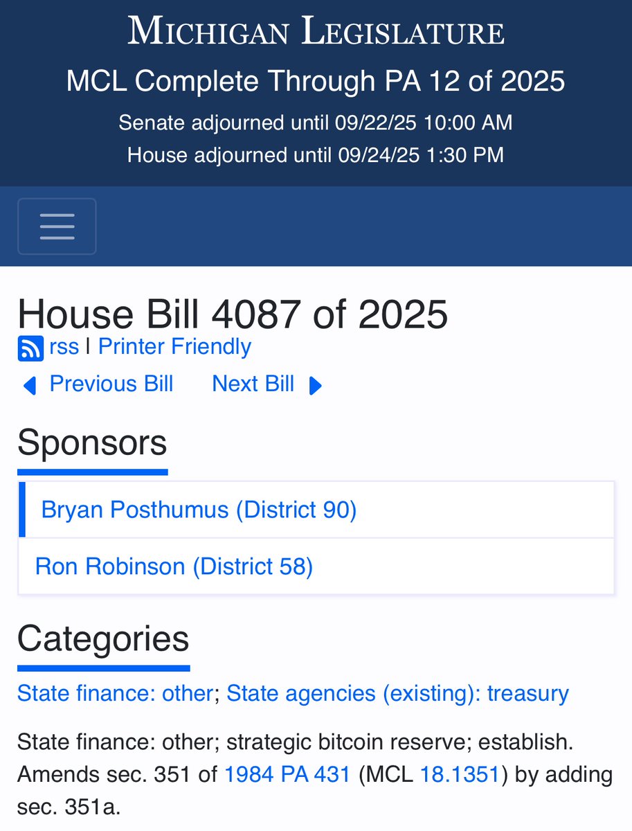 NEW: Michigan’s Bitcoin Reserve Bill (HB 4087) has progressed to a second reading in the state House. Introduced in February, the bill would allow the state treasury to invest up to 10% of its reserves in bitcoin and other cryptocurrencies. 

If passed, Michigan would join Texas,