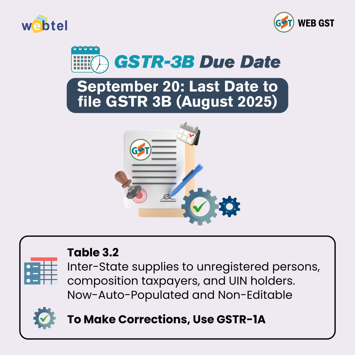 webteldotin's tweet image. ⏰GSTR-3B Alert! File your August 2025 returns before the Sept 20 deadline. 
Stay compliant, stay ahead with Webtel. 
#GSTR3B #TaxFiling #Webtel