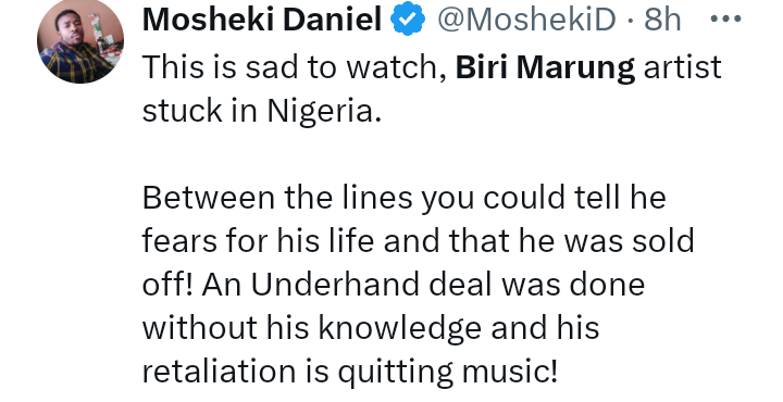 exolablog247's tweet photo. Biri Marung is trending in South Africa because 23 year old Amapiano musician Tebogo G Mashego known for his hit song "Biri Marung", has taken to social media to call out those who encouraged him to travel to Nigeria on a singing engagement.

In a series of teary videos, a visibly emotional Tebogo who expressed regrets at having chosen to go to Nigeria, accused his team of mistreatment and alleged that many people owed him money for appearances he already made.
HN