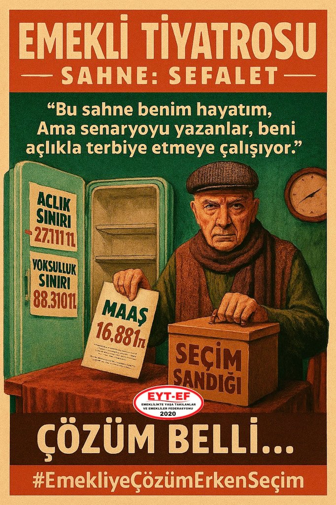 <a href="/ArzuLastikci/">EYT & EF Arzu LASTİKCİ</a> <a href="/RTErdogan/">Recep Tayyip Erdoğan</a> <a href="/isikhanvedat/">Prof. Dr. Vedat Işıkhan</a> <a href="/_cevdetyilmaz/">Cevdet Yılmaz</a> <a href="/herkesicinCHP/">CHP 🇹🇷</a> <a href="/erbakanfatih/">Dr. Fatih Erbakan</a> <a href="/iyiparti/">İYİ Parti</a> <a href="/MHP_Bilgi/">MHP</a> <a href="/eczozgurozel/">Özgür Özel</a> <a href="/EytEmeklilerFed/">EYT VE EMEKLİLER FEDERASYONU</a> <a href="/GelecekPartiTR/">Gelecek Partisi</a> <a href="/mahmutarikansp/">Mahmut Arıkan</a> <a href="/EYT_ED/">EYT VE EMEKLİLER DERNEĞİ</a> #EmekliyeçözümErkenSeçim

Ülkenin yüzakı #Emekli yi açlığa, yokluğa mahkum eden iktidar çözüm üretmiyor.

📢Milyonların feryadı tek sözde birleşiyor.
📢Çözüm erken seçim!
📢Açlığa zincirleyen bu düzeni,
📢Emekli sandıkta bitirecek!

#5000KısmiyeçözümYASA
<a href="/RTErdogan/">Recep Tayyip Erdoğan</a>
<a href="/isikhanvedat/">Prof. Dr. Vedat Işıkhan</a>