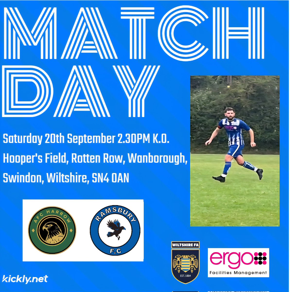 Ramsburyfc1st's tweet photo. A trip to Wanborough today to take on AFC Harrow in our first ever league meeting. Hoping to return with 3 points in the board. 🔵⚪️ https://t.co/v4o80E6nS9