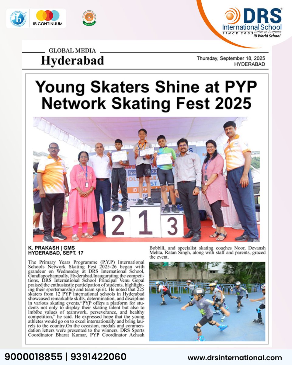 DrsSchool's tweet image. The #Hyderabad #PYPNetwork Skating Fest was a huge success! 🛼Incredible talent, sportsmanship, and dedication from IB PYP 3, 4 and 5 skaters. Proud of their achievements!🏆Huge thanks to all who made it possible. Let’s keep supporting our young talents!

#SkatingFest2025 #Sports
