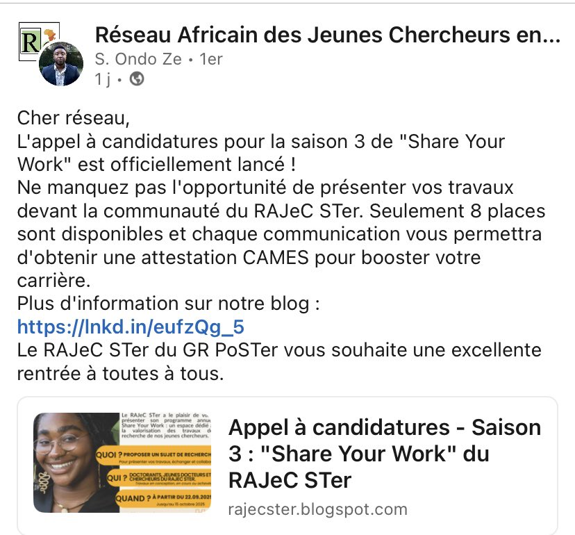 Pour les chercheurs africains en sciences du territoire ( géographie, sociologie, histoire, anthropologie,etc) ne manquez pas de venir présenter vos travaux devant notre communauté du RAJeCSTer. rajecster.blogspot.com/2025/09/appel-…

<a href="/OndoZe/">Ondo Ze</a>