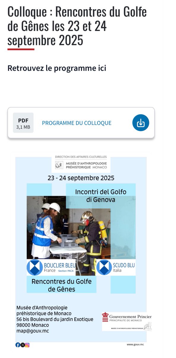Ne manquez pas notre prochain colloque scientifique organisé par le Bouclier Bleu PACA et CORSE, le SCUDO BLU et le Musée
📍 Plus d’infos et programme : map.gouv.mc/nos-activites-…
#Science #Anthropologie #Préhistoire #Colloque #Monaco #MAP #BouclierBleu #partenariat