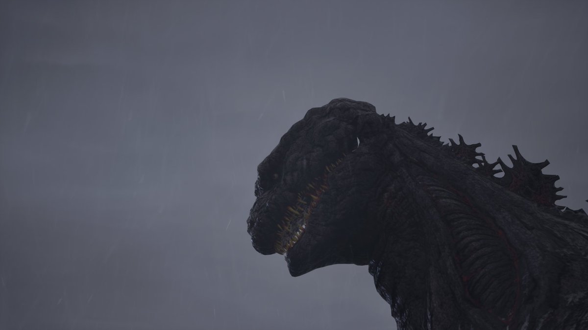 boowygon's tweet image. ←before 　after→
マテリアルで濡れを追加、下からライトを合わせると、一気に雰囲気が変わった。
前から思ってたが、目線が正面になってるシンゴジラの横顔が凄い好き。
映画での目線は、ほとんど下向きだったけど。

#UnrealEngine #3dcg #ゴジラ #Godzilla  #シンゴジラ