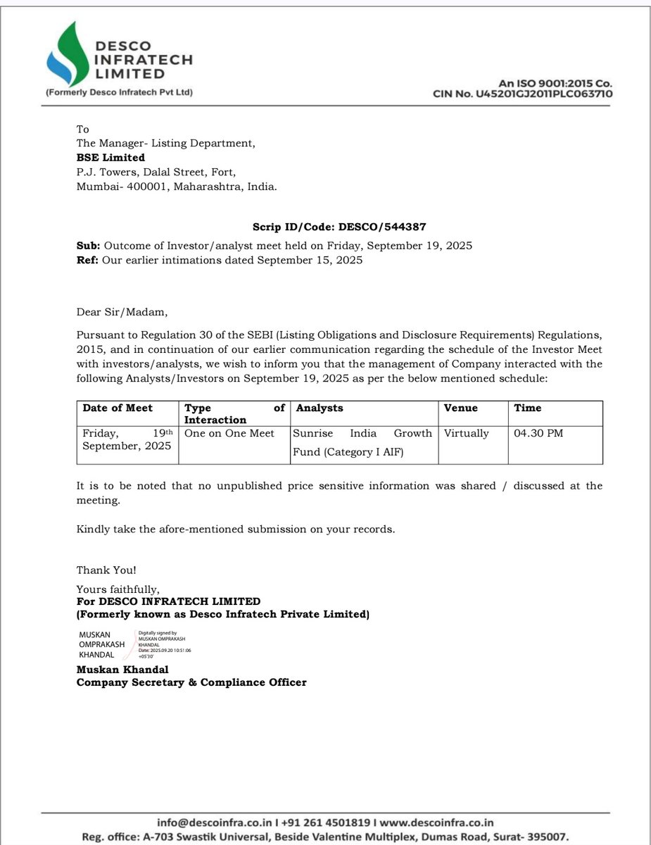 Pratyush_Trader's tweet photo. 📊 DESCO INFRATECH LTD:-
Desco Infratech interacted virtually with Sunrise India Growth Fund (Category I AIF) on Sept 19, 2025. No unpublished price sensitive info was shared.
#Desco
#Descoinfratech
#SME #SMEupdate https://t.co/1M2HaU9JmJ
