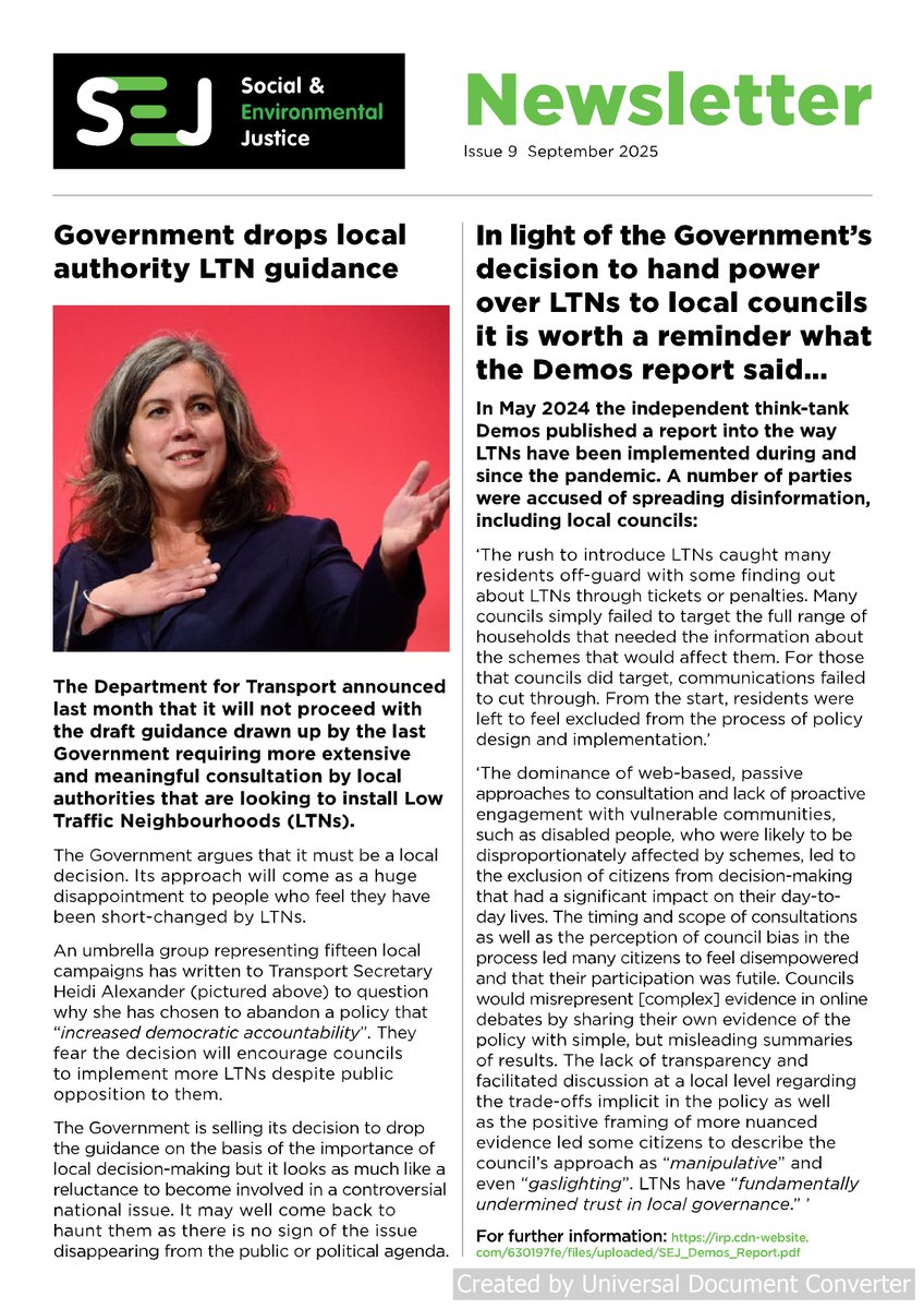 SocEnvJustice's tweet image. This week's news that TfL and Rachel Aldred tried to bury results they didn't like came too late for our newsletter but gives weight to our front page story of the folly of the Government's decision to drop guidance to councils. Full newsletter:      irp.cdn-website.com/630197fe/files…