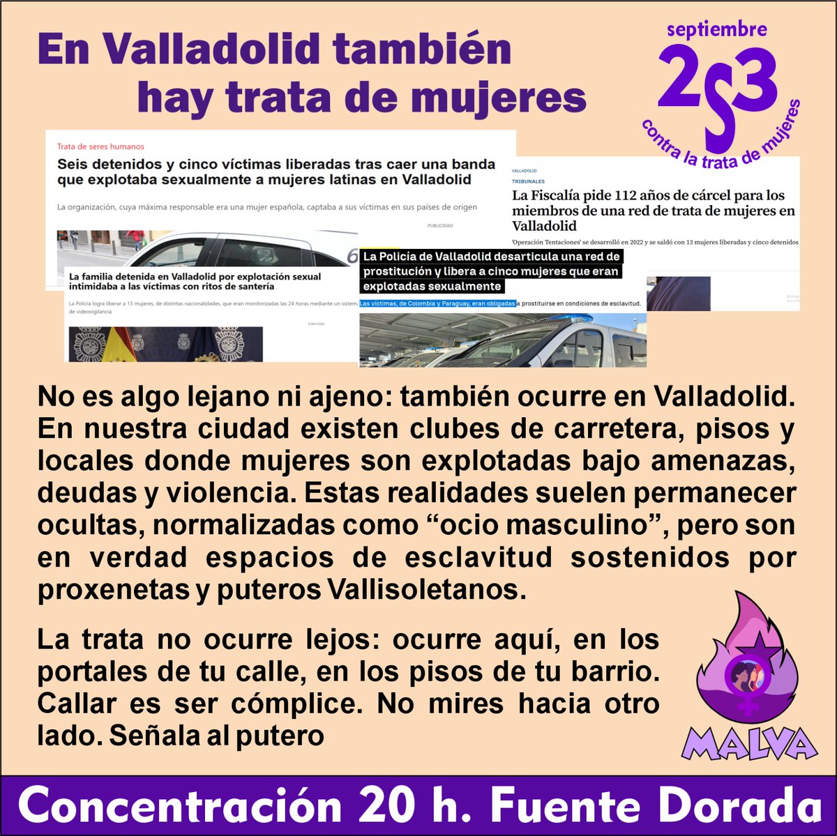 romibla1969's tweet image. 📢 La trata no ocurre lejos: ocurre en Valladolid.
Mujeres explotadas en clubes y pisos bajo amenazas y violencia.
✊ El 23S a las 20h en Fuente Dorada decimos: ¡Valladolid contra la trata!

#23S #TrataEsViolencia #MALVA #FeminismoAbolicionista