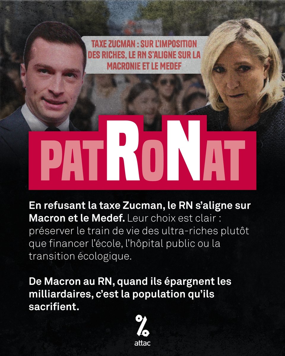 Si le texte d' <a href="/attac_fr/">Attac France</a> rappelle que l'extrême droite se range toujours du côté des privilégiés, le visuel dénonce aussi la porosité grandissante du patronat à ses idées. "Plutôt Hitler que le Front populaire" quoi. Le RN antisystème ? Non, nanti-système.
