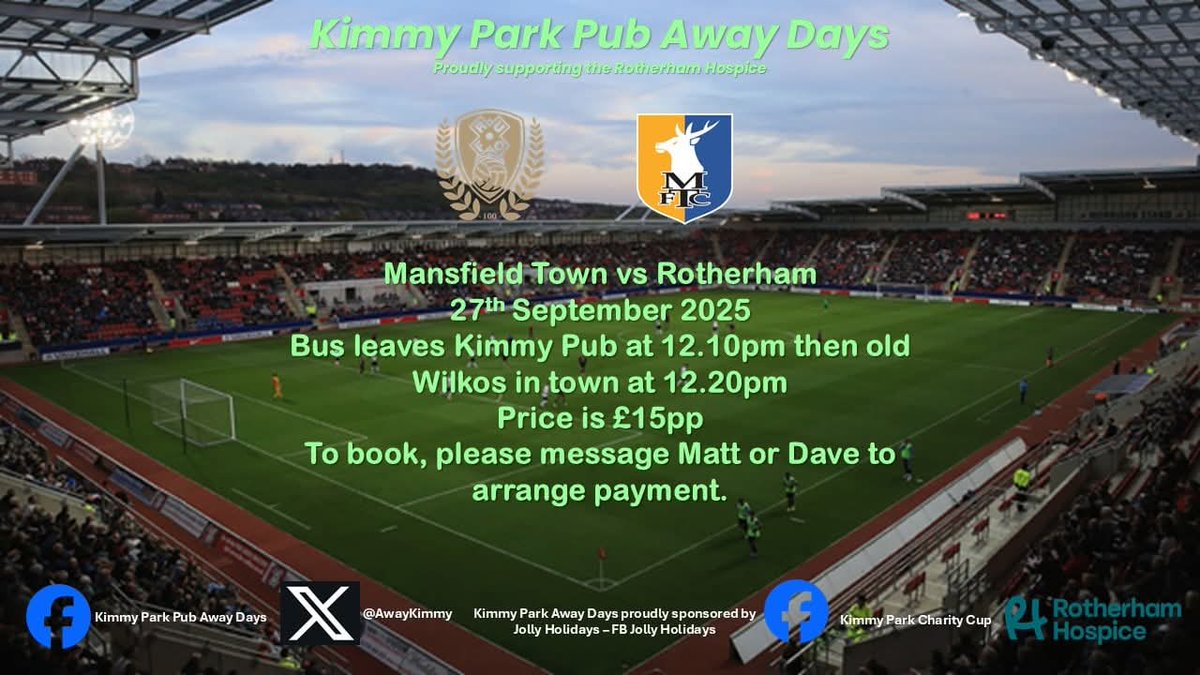 Last few seats remaining for Mansfield away. Get in touch to book <a href="/RotherhamUnited/">Rotherham United</a>