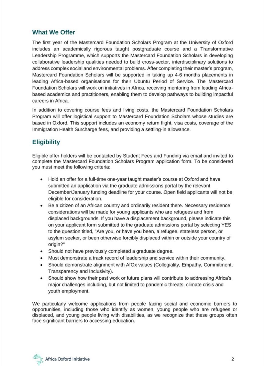 ‼️ Applications for the Mastercard Foundation Scholars Program at the University of Oxford are now open ‼️ 

More information 👇🏾