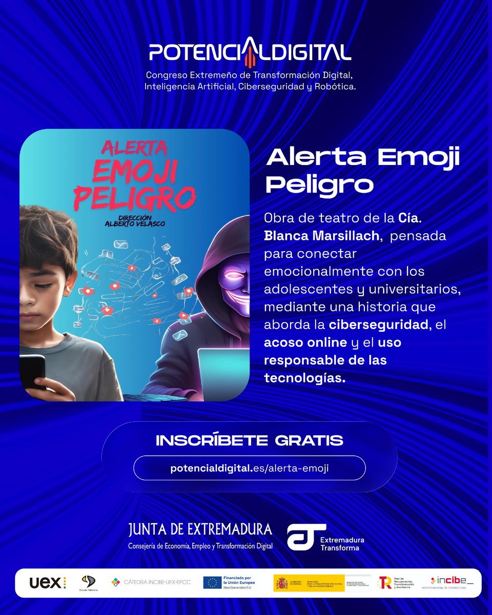 Potdigitalext's tweet image. 🎭 Alerta Emoji llega a Potencial Digital 2025.
Una obra de teatro interactiva que pone sobre la mesa los riesgos y desafíos de la era digital a través de un lenguaje cercano, visual y directo.

Porque no solo hablamos de tecnología, también hablamos de personas, emociones y…