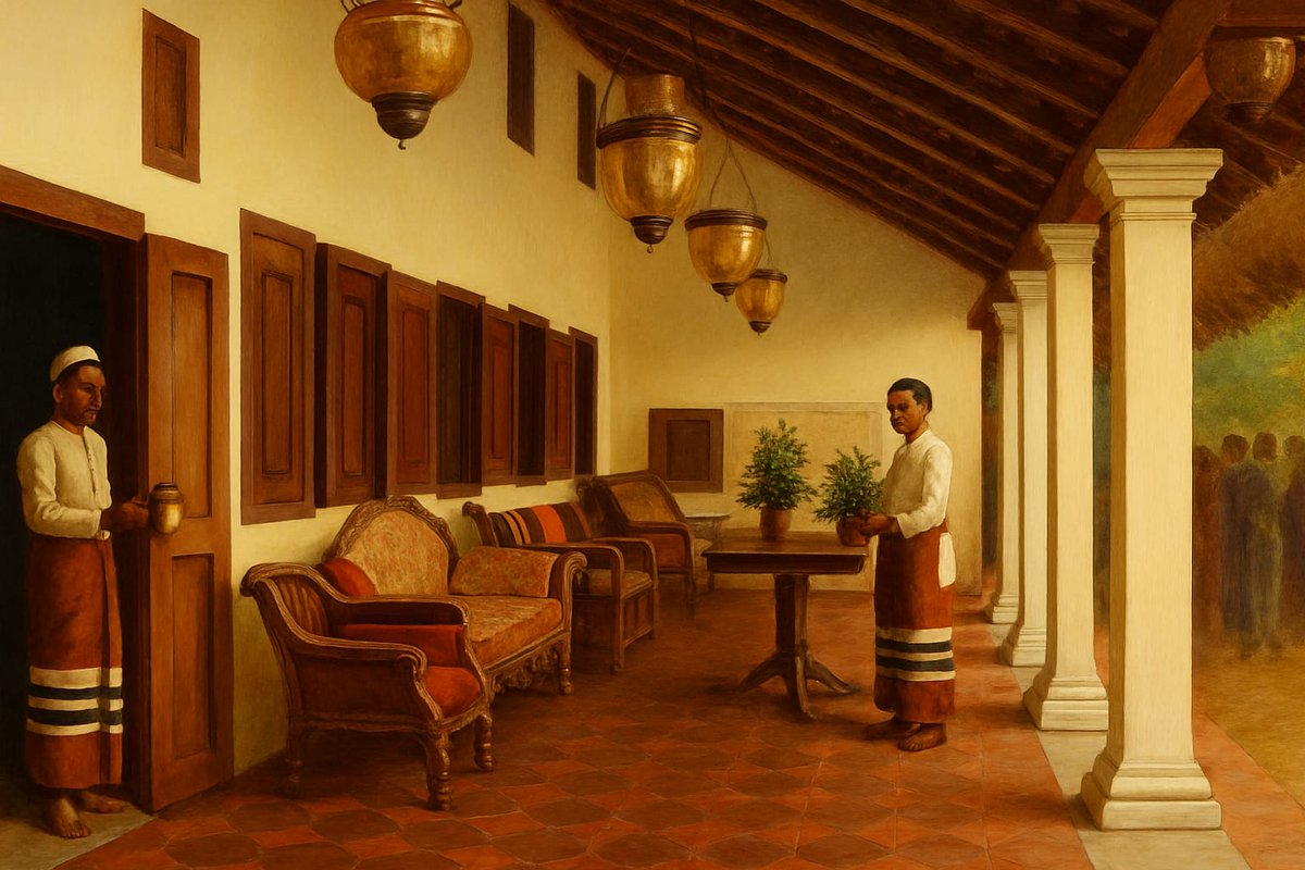 #DhivehiArchives 
A lithograph based on Carl Wilhelm Rosset’s 1885 photograph of the reception verandah at the King’s Palace in Malé, published in The Graphic on October 16, 1886. I’ve attempted to colorize this historic image, but some details, like the feyli and chairs, aren’t