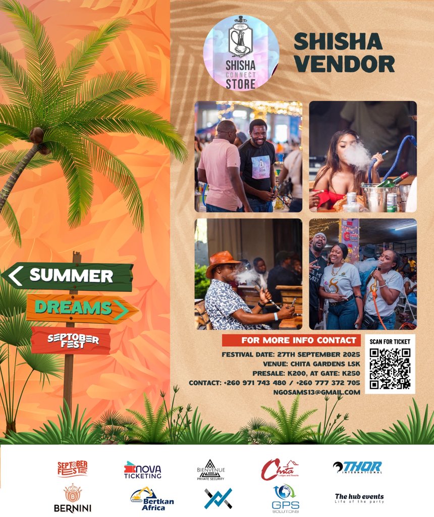septoberfest's tweet photo. WHAT’S A SUMMER DREAM WITHOUT THE SMOKE? 💨🌴✨

This year, we’ve got @shisha_connect_store setting up the ultimate shisha lounge experience at Septoberfest – Summer Dreams. 🍹🔥

📅 Sept 27, 2025
📍 Chita Gardens
🎟️ Pre-Sale Tickets: K200 https://t.co/dA1n8eDe45