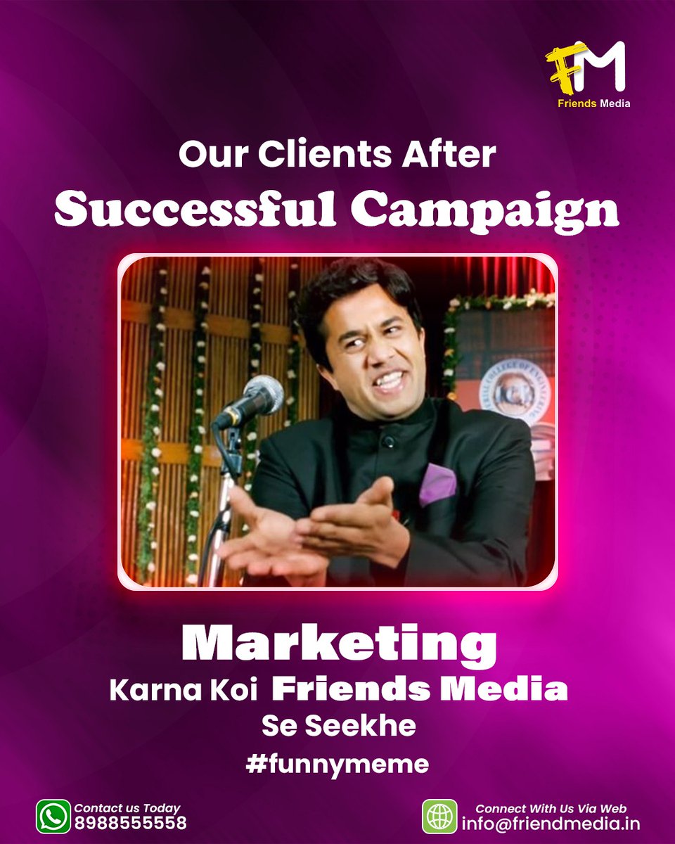 FriendMediaco's tweet photo. When our campaigns hit the mark, our clients be like. “Bas marketing toh Friends Media se hi karvana hai!”
Because results lie in creativity and strategy for a successful campaign every time!
#MarketingDoneRight #CampaignSuccess #CreativeAgency #BTLMarketing #DigitalBuzz https://t.co/vBqkv5i9cG