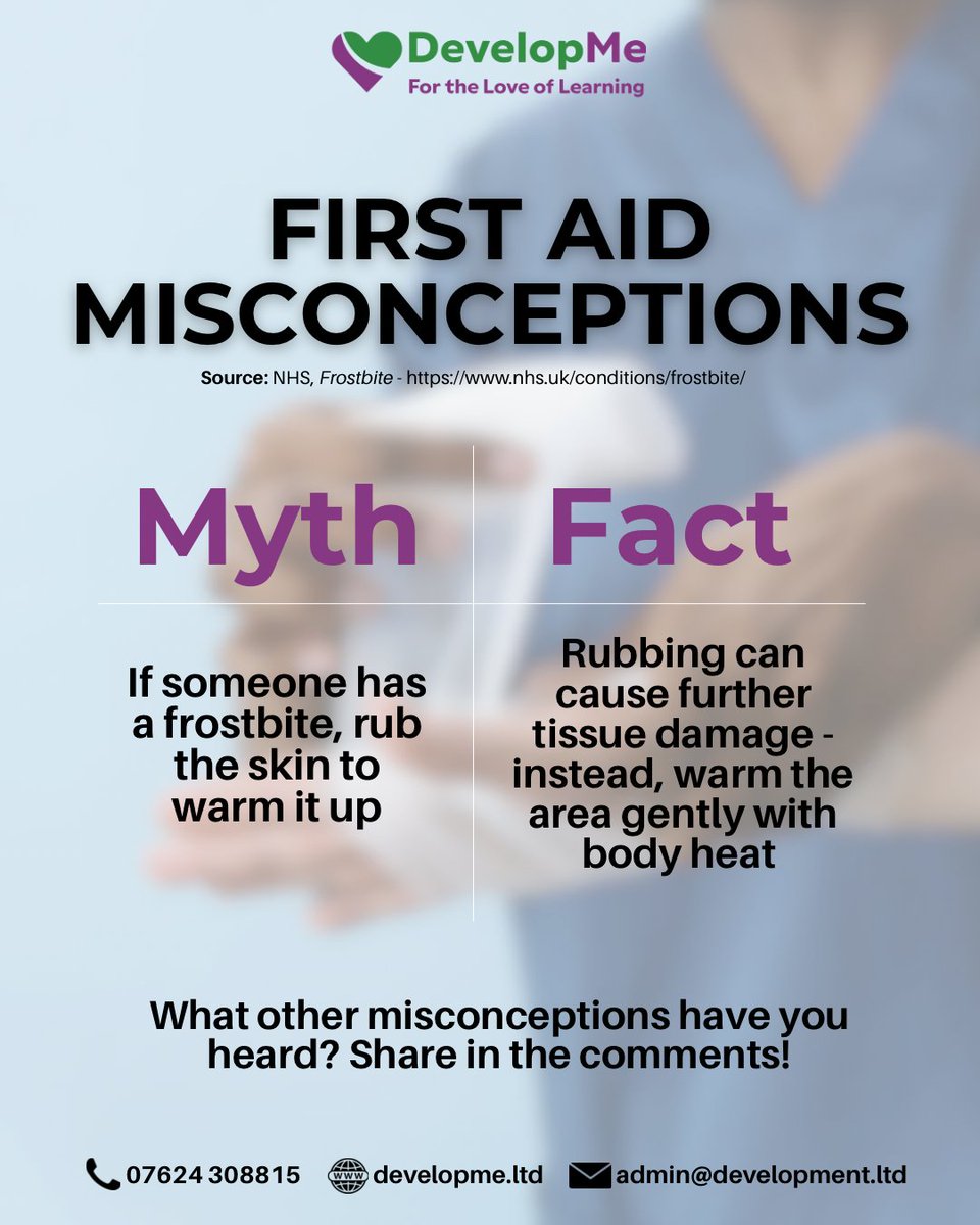 developmeltd's tweet image. Think rubbing helps frostbite? ❌ It can cause more damage. ✅ Warm the skin gently with body heat and get medical help quickly. 🚑 
#FirstAidMisconceptions #Frostbite #DevelopMe
