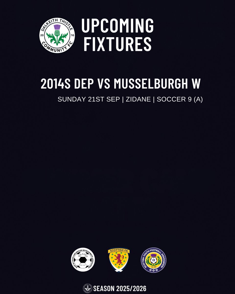 DalkeithCFC's tweet image. ⚫️⚪️ @ESSDAfootball is Back!

After a weekend with no fixtures, our Dalkeith Thistle squads return to action this Sunday with a full set of games across the ESSDA programme.

#DalkeithThistle #ESSDA