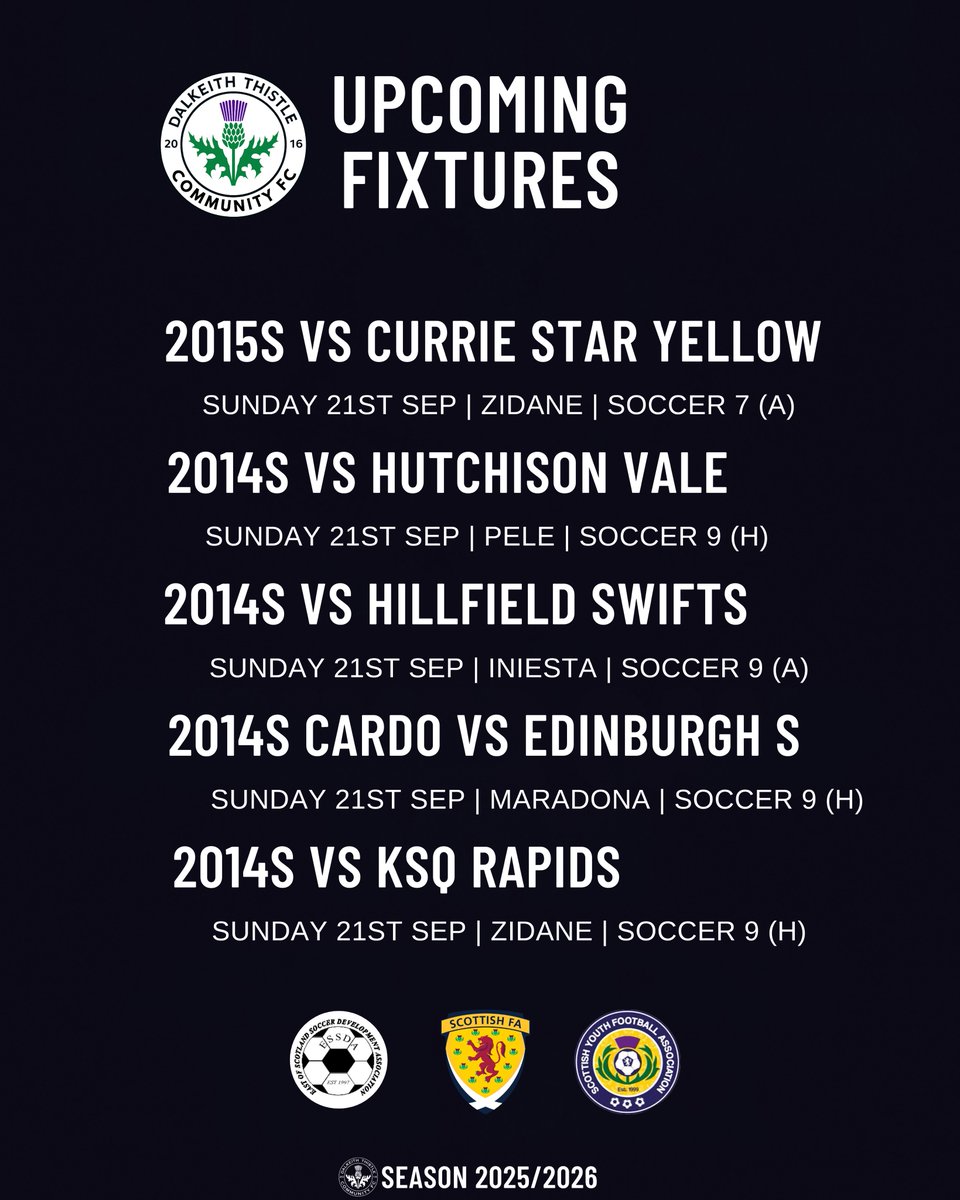 DalkeithCFC's tweet image. ⚫️⚪️ @ESSDAfootball is Back!

After a weekend with no fixtures, our Dalkeith Thistle squads return to action this Sunday with a full set of games across the ESSDA programme.

#DalkeithThistle #ESSDA