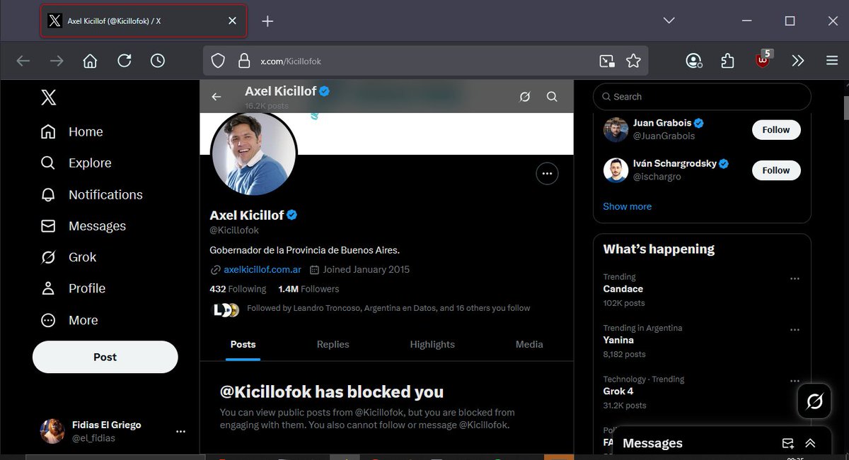 Me blockeó Kiciloff... Supongo que es mas facil que gobernar bien. Ya tengo una lista de blocks peronchos. Son de papel...