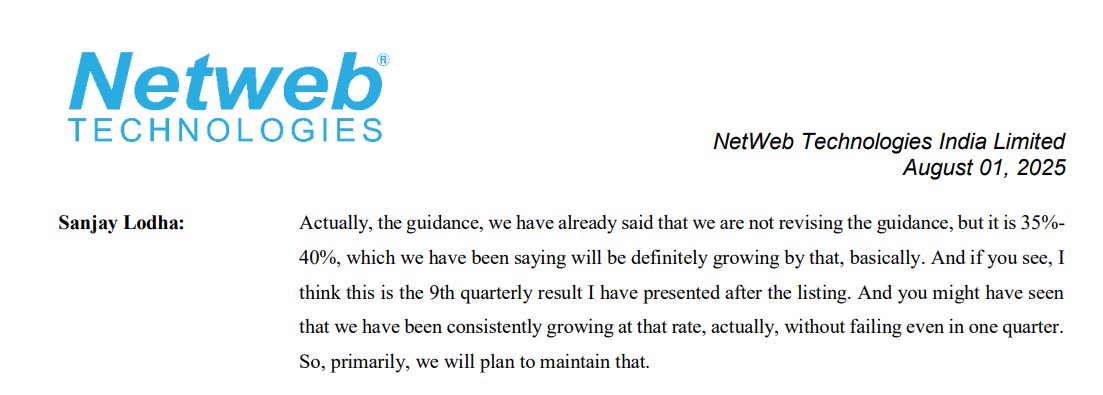 Sectorsignals's tweet image. Netweb - Guidance &amp;amp; Capex 

•Current guidance for FY25-26 is 40% growth.

•IndiaAI Mission (₹1740 cr over 9 months, starting Q4) – ~50% visibility.

•Additional AI GPU orders – ~40% visibility.

100% Sales Growth + Big Capex?

Interesting Q2 FYE2026 Concall ahead