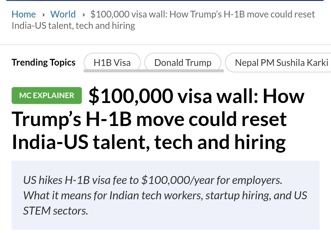 अमेरिका H1B VISA के लिए यदि 1लाख डॉलर प्रत्येक वर्ष लगाया है तो मेरा एक सुझाव हैं माननीय प्रधानमंत्री <a href="/narendramodi/">Narendra Modi</a> जी से 
भारत सरकार भी प्रत्येक वर्ष उपभोक्ता जो इंस्टाग्राम,फेसबुक,और वॉट्सएप उपयोग करते है 
उन सभी पर प्रत्येक वर्ष ज्यादा नहीं मात्र 1 हजार रुपए का शुल्क वसूले