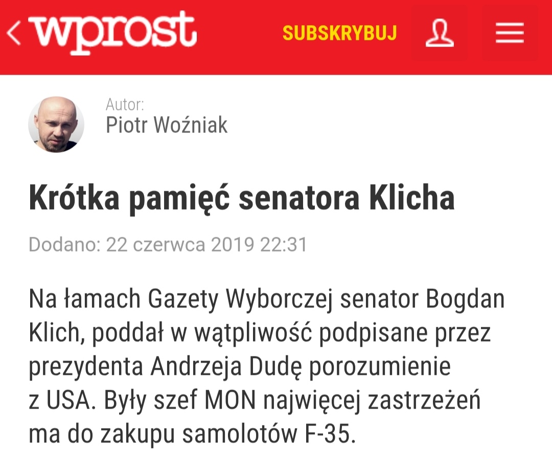 Woz_Piotr's tweet photo. Panie Ministrze @sikorskiradek, załączam Panu 3 scany z 3 pkt z mojego tekstu we Wprost (2019 r.) ws. #Klich. 1. Krytykował zakup przez Polskę F-35. 2. Nie przyjął zaproszenia do współpracy przy programie myśliwców 5 generacji. 3. Jego decyzja ws. bazy materiałowej w Stawach, została skrytykowana przez NATO.