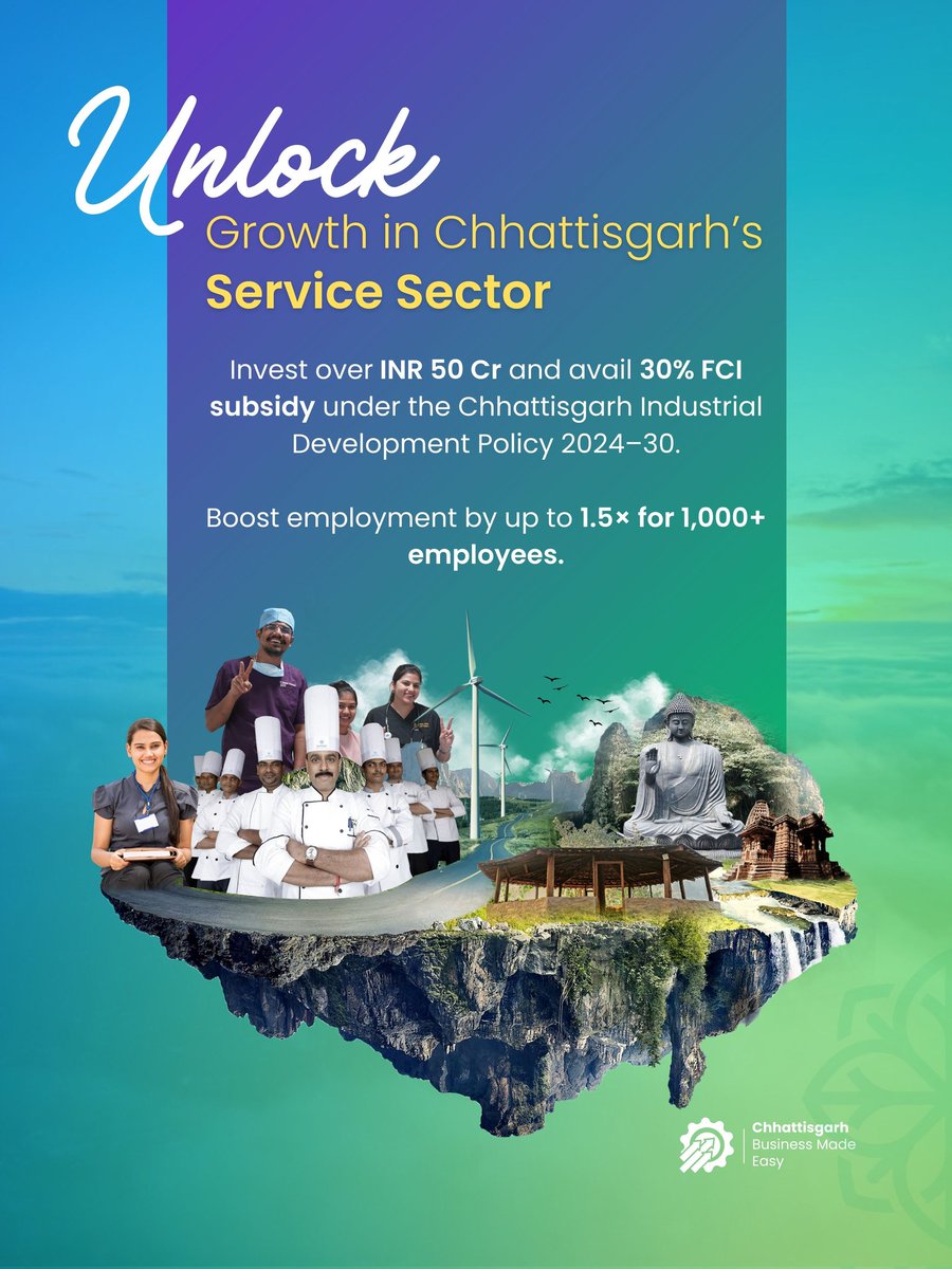 InvestCG_India's tweet photo. Chhattisgarh’s service sector = growth unlocked! 📈
Invest ₹50 Cr+ to access 30% FCI subsidy & scale employment by upto 1.5× for 1,000+ employees.
#CGBusinessEasy #CGCareConnect https://t.co/vPMLYStRZ8